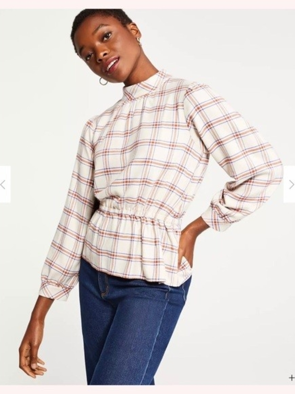 🌼Women’s Cream Plaid Long-Sleeve Peplum Top